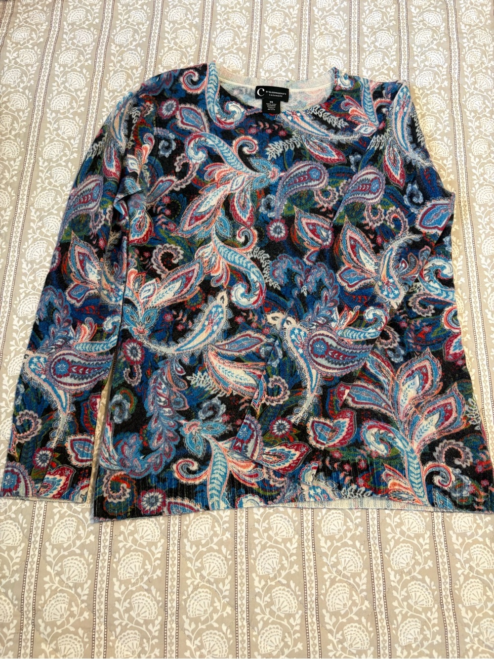 Bloomingdales Blue Paisley Crewneck Cashmere Sweater